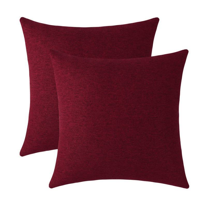 lot 25535 image: Decorative Burgundy Red Throw Pillow Covers Rustic Farmhouse Square Linen Burlap Soft Comfy Solid Cushion Couch Cases for Sofa Living Room (Set of 2, 20 x 20 Inches) - Retail $19