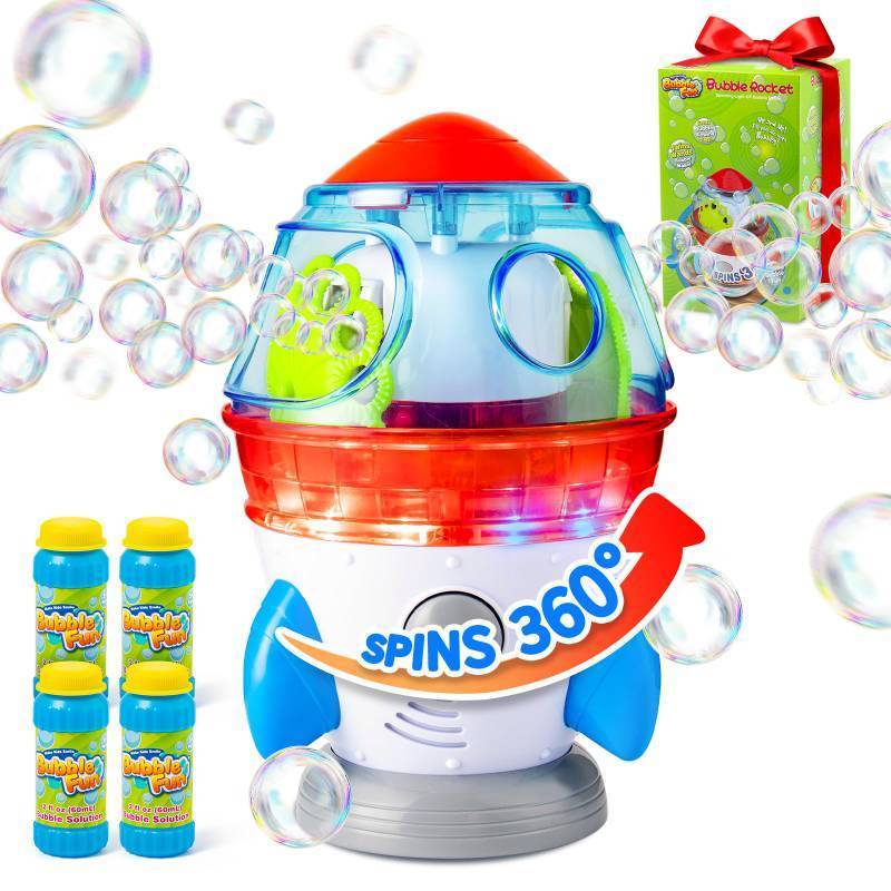 lot 25544 image: Rocket-Shaped Bubble Machine for Kids & Pets - Dual Powerful Bubble Outlets, Automatic 360° Rotation, Adjustable LED Lights & Music �� Ideal for IndoorOutdoor Birthday Parties - Retail $38