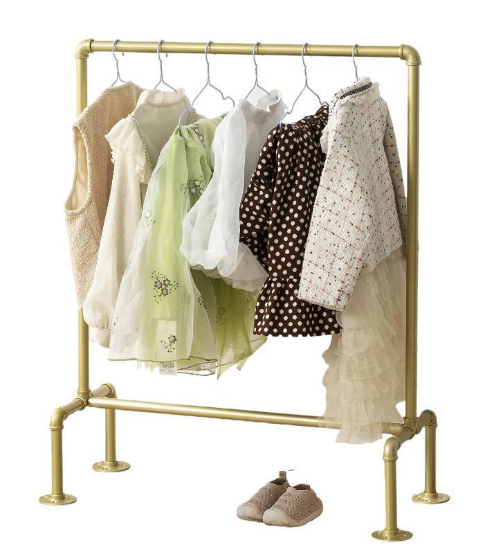 lot 25575 image: Kids Pipes Dress up Racks, Kids Clothing Racks, Child Garment Racks, Hanging Clothes Rod Storage Shelf Organizers Shelves Shelving, Gold Metal - Retail $40