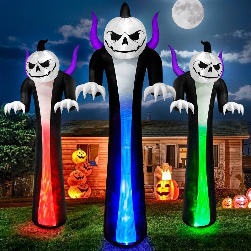 lot 25587 image: 12FT Halloween Inflatables Decoration Outdoor Giant Pumpkin Reaper Ghost Built-in 3-Colored Rotation Flame LED Halloween Blow Up Yard Decorations Spooky Outdoor Party Yard Lawn(1PCS) - Retail $50