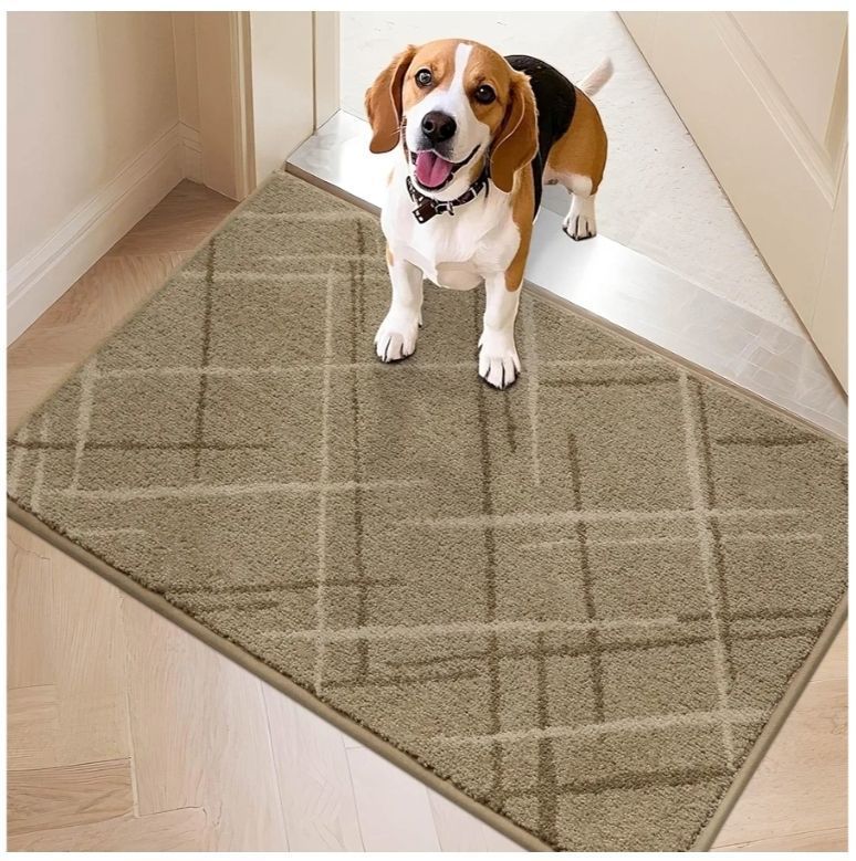 lot 25595 image: Front Door Mat Low Profile Non-Slip Doormat for Entryway, Absorbent Dirt Trapper Washable Entrance Mat, Sturdy Polyester Doormats (36x24, Beige) - Retail $26