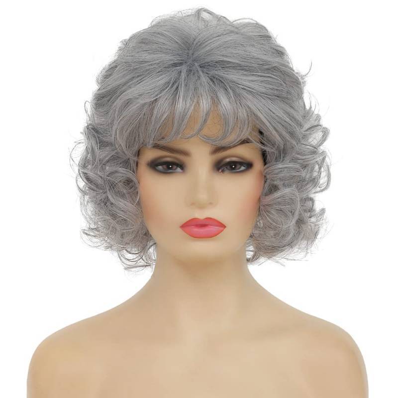 lot 25605 image: Short Grey Curly Women Wigs with Bangs Natural Synthetic Hair Layered Old Ladies Heat Resistant Daily Halloween Full Wigs - Retail $19