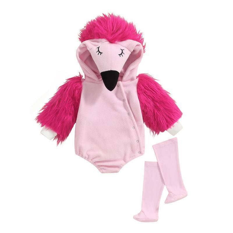 lot 25627 image: Infant Halloween Costumes Baby Flamingo Costume Hooded Faux Fur Flamingo Romper Animal Costume Cosplay Outfit(A-Pink Flamingo,0-6 Months) - Retail $14