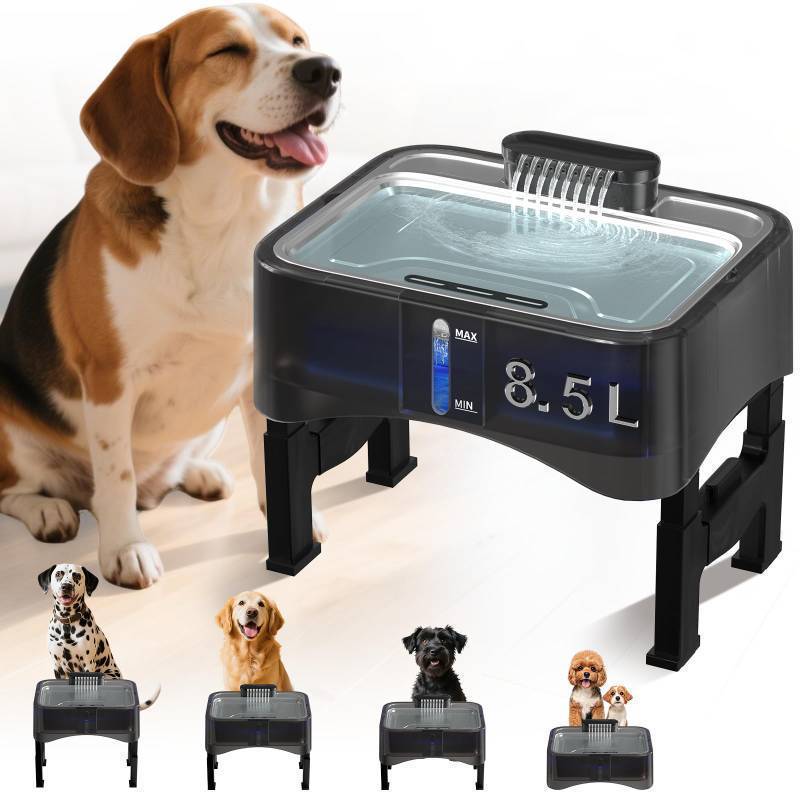 lot 15318 image: 8.5L2.25Gal Elevated Dog Water Fountain, Xetino 4 Height Adjustable Raised Dog Water Bowl Dispenser for Large Dogs with Stainless Steel Tray, Pet Water Fountain with Ultra Quiet Pump and Filter - Retail $70