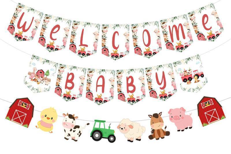 lot 54842 image: Farm Animal Baby Shower Banner, Red and Blue Welcome Baby Bunting Garland, Farm Animal Themed Party Decoration, Barnyard Party Supplies for Boys Girls - Retail $10