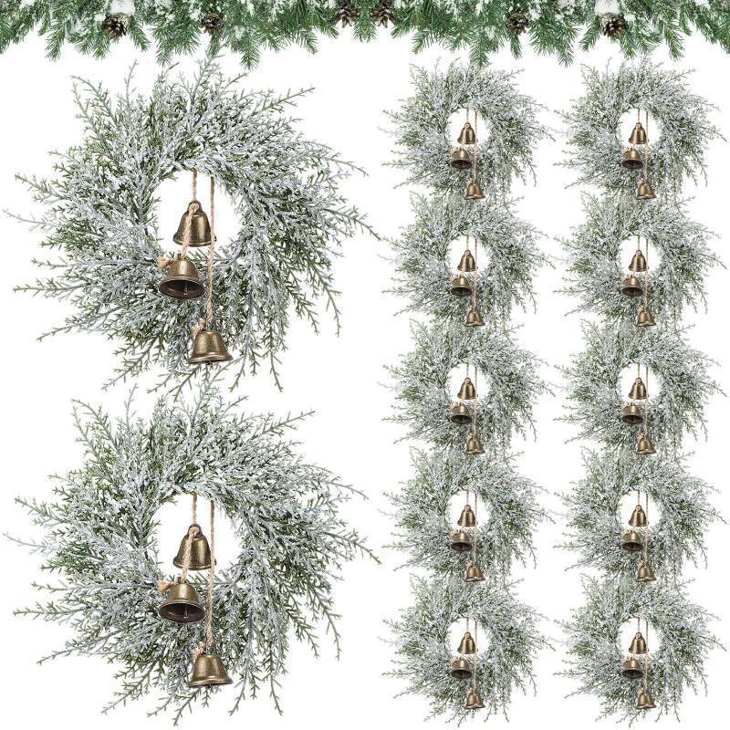 lot 34764 image: 12 Pcs Small Christmas Wreath Real Touch 10 Inch Christmas Kitchen Cabinet Wreaths with Bell Mini Wreaths Rustic Farmhouse Decoration for Xmas Front Door Window Home Table Pillar Decor
