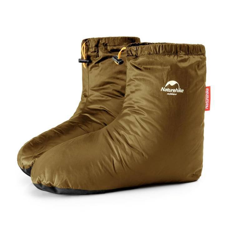 lot 34789 image: Naturehike Ultralight Winter Goose Down Booties, Camping Warm & Cozy Down Sleeping Socks for Men & Women, Down Filled Slipper Boots with Storage Bag (S, Goose Down-Brown) - Retail $36