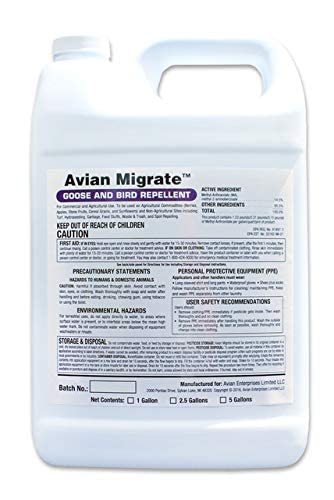 lot 43670 image: Avian Migrate, Goose Deterrent, Bird Repellent Concentrate, Geese Repellent, Non-Toxic, Removes Geese from Yards, Parks, Beaches, Ponds and Ground, Made in The USA (1 Gallon) - Retail $149