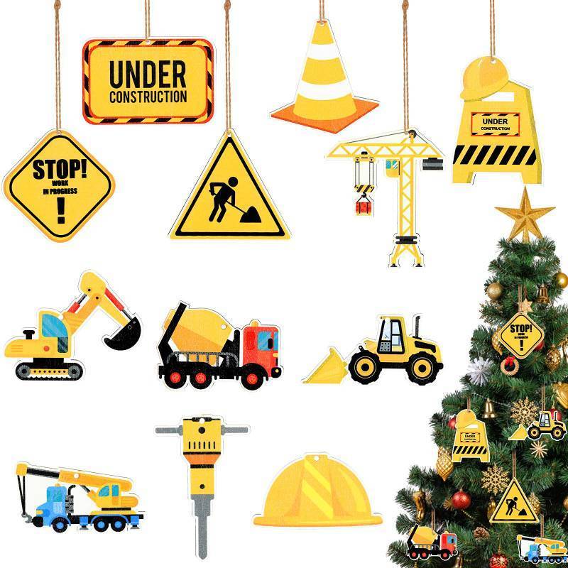 lot 61882 image: 24 Pieces Construction Christmas Ornaments with Rope Trucks Excavator Hanging Wood Signs Truck Cutouts Traffic Zone Wood Xmas Decoration for Xmas Tree Home Decor - Retail $6