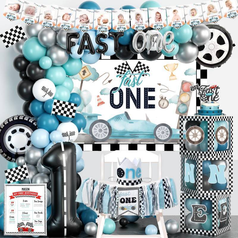 lot 61883 image: Fast One Birthday Decorations for Boys, 1st Birthday Decorations Boy, Vintage Car Themed Backdrop Balloon Banner Boxes Crown Poster for Retro Blue First Party Supplies - Retail $30