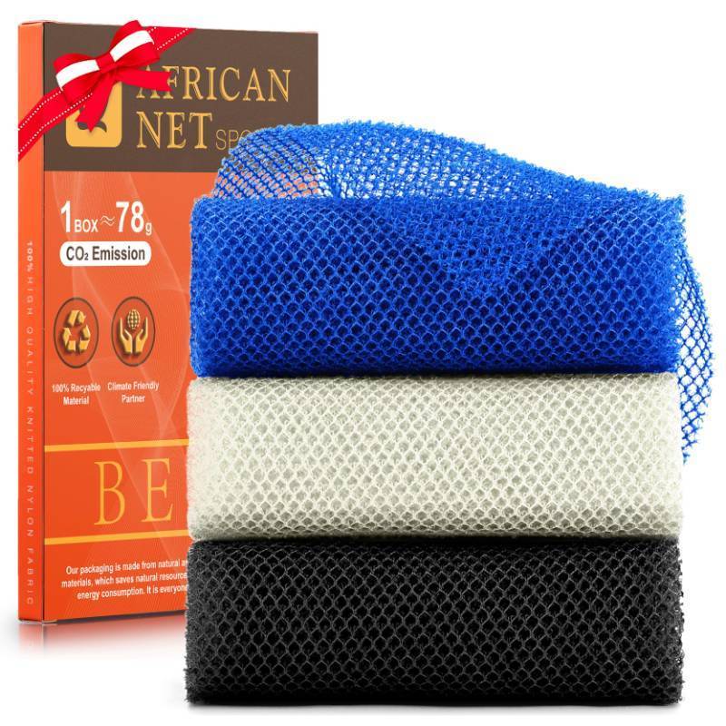 lot 61886 image: 3 Pieces African Bath Sponge African Net Long Net Bath Sponge Exfoliating Shower Body Scrubber Back Scrubber Skin Smoother, Great for Daily Use(Blue, Black, Off-White) - Retail $8