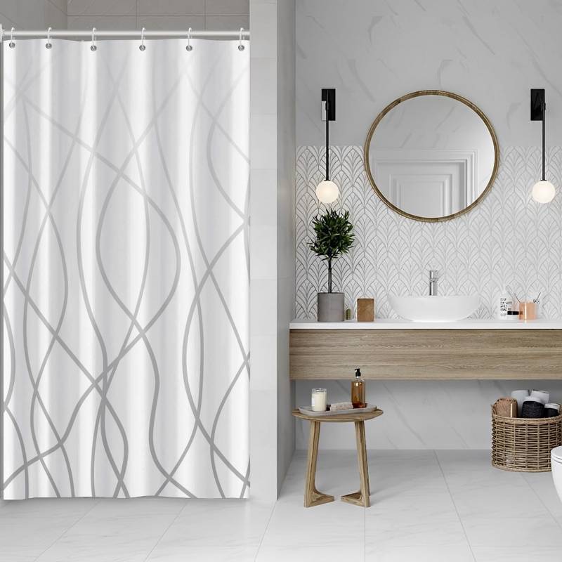 lot 61897 image: Ombre Grey White Striped Small Shower Curtain for Bathroom 36x72, Geometric Stall RV Shower Curtain Set with Hooks 72 Inches Long Fabric Waterproof Hotel Bath Accessories Machine Washable - Retail $15