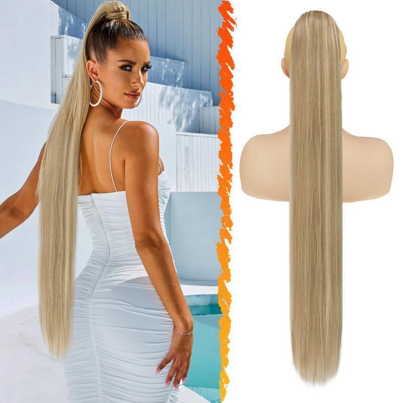 lot 61905 image: Drawstring Ponytail Extension - 34 Inch Long Straight Blonde Ponytail Hair Extensions Synthetic Fake Pony Tails Hairpieces Clip in Ponytail for Women Girls Daily- Light Ash Blonde Mixed - Retail $20