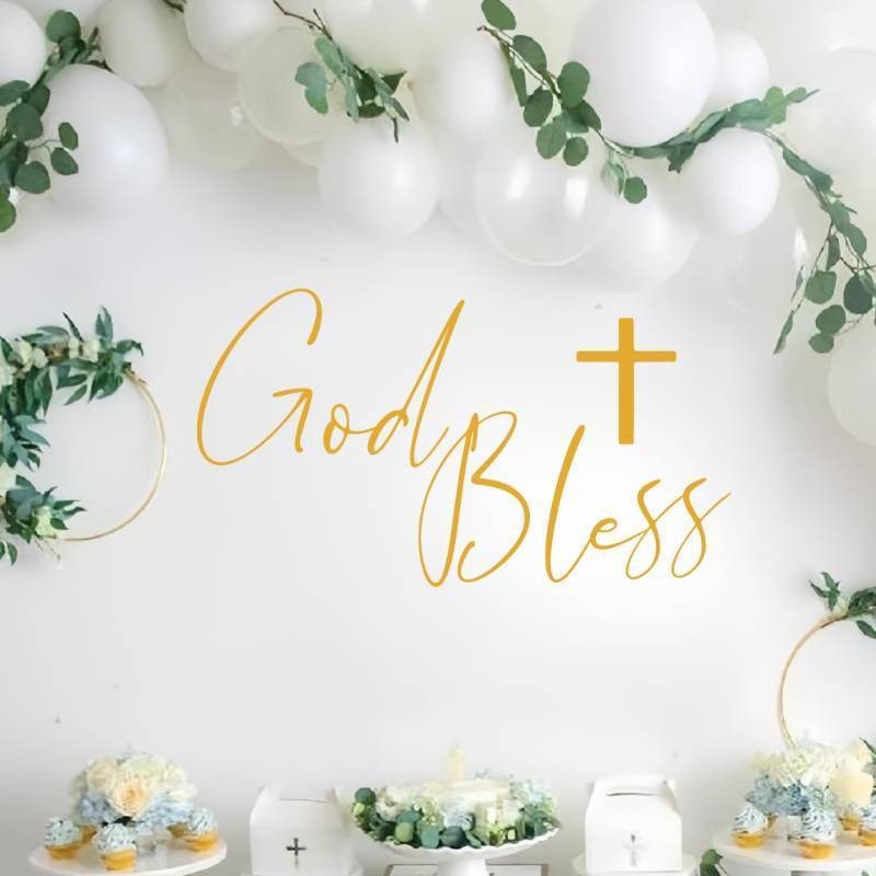 lot 61923 image: God Bless Baptism Wall Decal - God Bless Cross Decal, First Communion Party Decorations Sticker for Baptism, Christening, Baby Shower - Retail $17