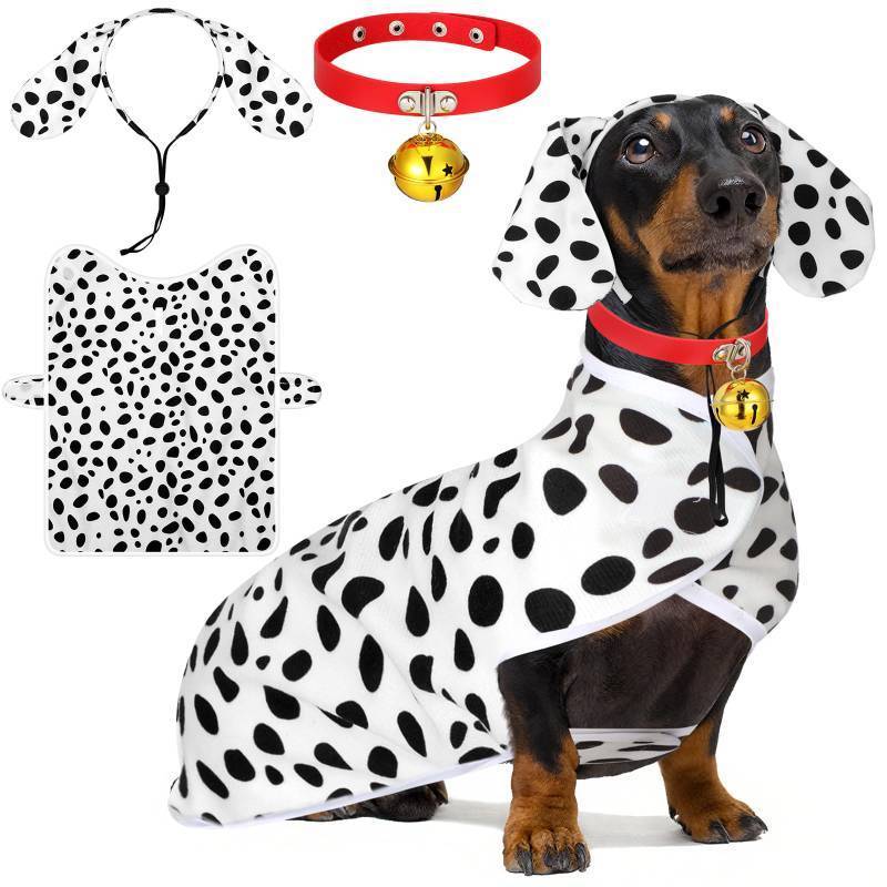 lot 61971 image: 3 Pcs Dalmatian Medium Dog Costume Set Cute Dalmatian Dog Poncho Headband and Red Collar with Bell Animal Print Cosplay Costumes Soft Coat for Pet Daily Holiday Dress up Accessories - Retail $23