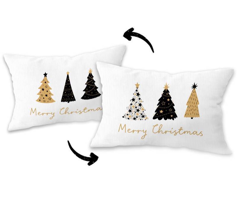 lot 61984 image: White Christmas Pillow Covers 12x20, Tree Pillow Cases, Winter Decor, White Black Gold Merry Reversible Decorative Throw Pillows Cover - Retail $7