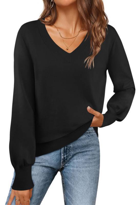 lot 62015 image: Womens 2025 Fall Long Sleeve Sweater V Neck Winter Tops Casual Lightweight Knit Pullover Shirts, Black, L - Retail $24