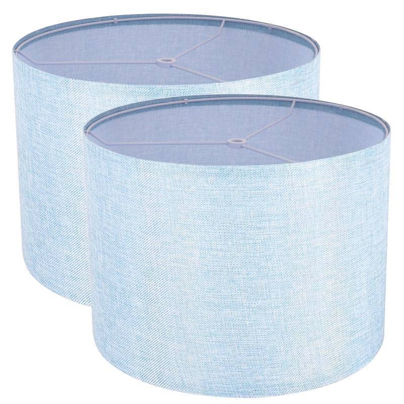 lot 62024 image: Lamp Shades Set of 2, Drum Lampshade for Table Lamps Floor Lamp, 13 Top X 13 Bottom X 10 High Blue Large Line Fabric Lamp Shades, Easy Assembly Replacement Lampshades - Retail $40