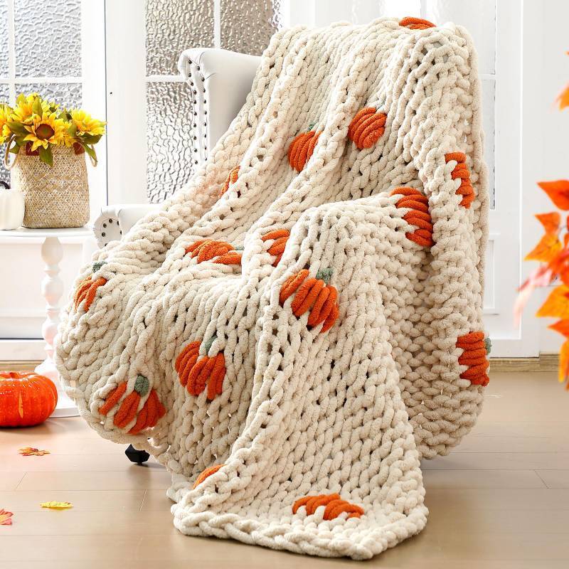lot 62039 image: Chunky Knit Throw Blanket Large 50 X 60 100% Handmade Cream Chenille Loop Yarn Fluffy Soft Knitted Throw Big Cozy Thick Cable Knit Crochet Blanket for Couch Sofa Bed (Orange,Pumpkin) - Retail $60