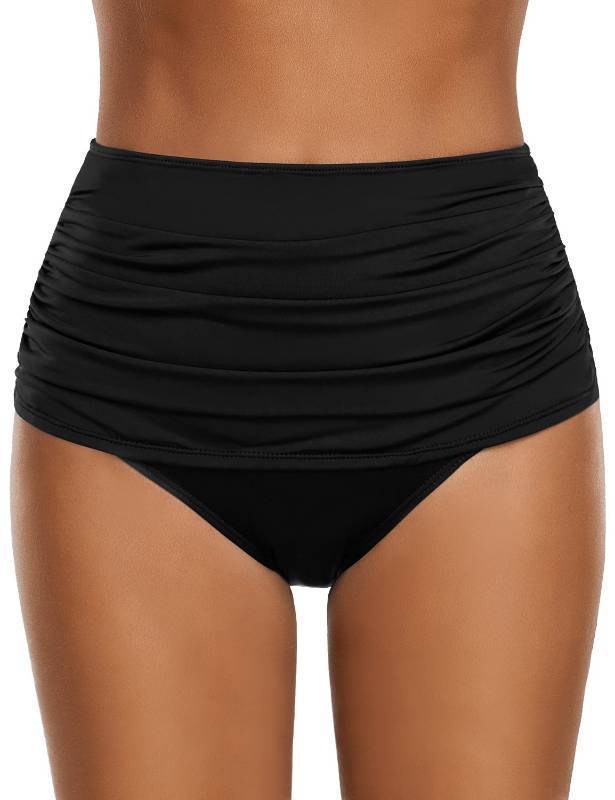 lot 62045 image: Womens High Waisted Swim Bottom Ruched Bikini Tankini Swimsuit Briefs Size L, Solid Black - Retail $10