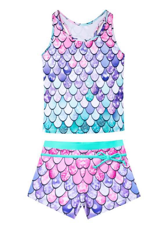lot 62046 image: Girls Bathing Suits Two Piece Vest Style Swimsuit with Boyshort Tankini Swimwear 5XL - Retail $25