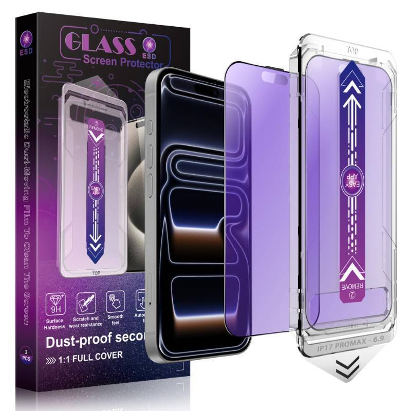 lot 15176 image: Anti Blue Light Matte Screen Protector for iPhone 17 Pro Max 6.9-Inch, Auto Dust Removal, 9H Tempered Glass, Full Cover, Anti-Fingerprint, Easy Installation, 2 Pack - Retail $24