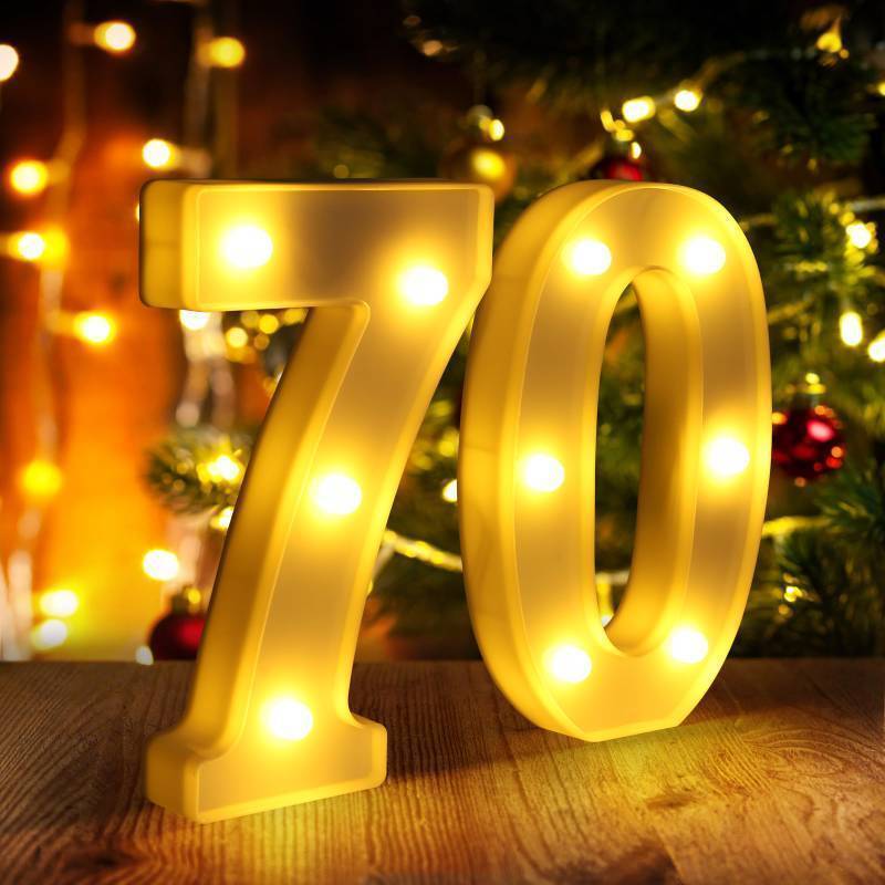 lot 24673 image: 70th Birthday Decorations for Women Men, Happy 70 Birthday Decorations for Centerpieces Table,70 Light Up Numbers Sign Led for Party Backdrop Wall Decor for 70s Party Decoration - Retail $14