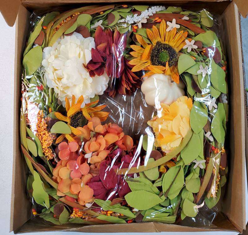 lot 24783 image: Fall Wreath for Front Door 22 Inch, Autumn Wreath Outdoor Artificial Harvest Decor with Timed LED Light for Thanksgiving Halloween Seasonal Door Hanger Decor - Retail $29