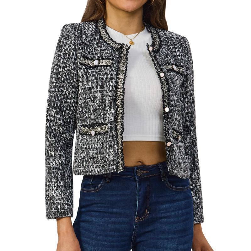 lot 53724 image: Womens Tweed Blazers Cropped Long Sleeve Crewneck Open Front Lace Trim Lightweight Plaid Work Blazer Jackets (Black Grey White, XL) - Retail $50