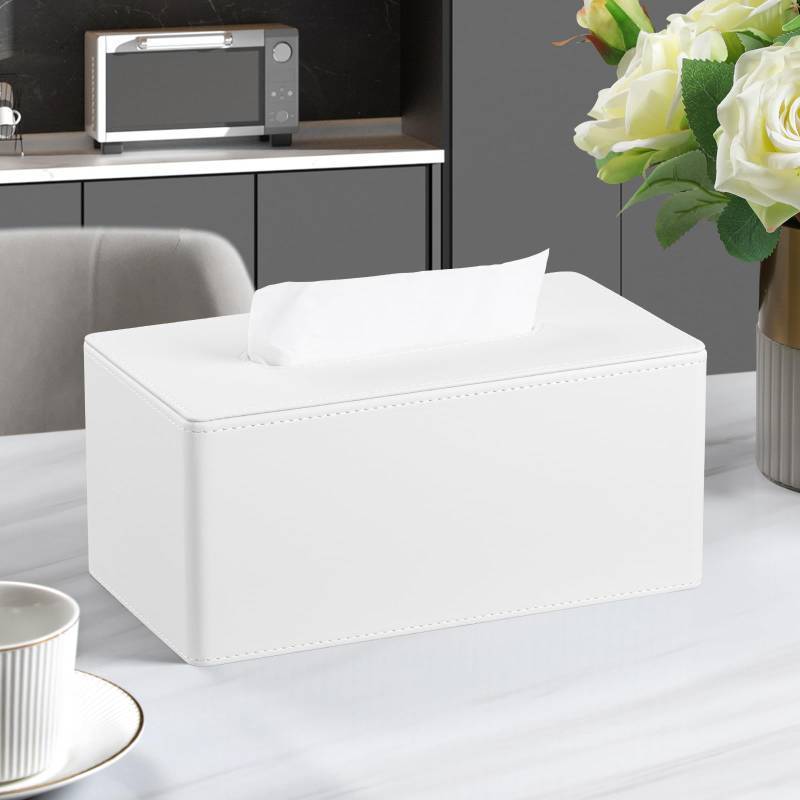 lot 24674 image: PU Leather Tissue Box Cover for 120(3-Ply) 160(2-Ply) Count Box of Tissues, Rectangle Tissue Box Holder for Bathroom Bedroom Living Room Office (Cream-White) - Retail $22