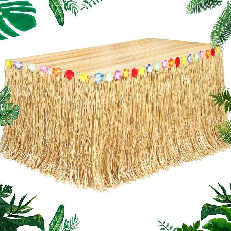 lot 24947 image: 1 Pack Luau Grass Table Skirt Hawaiian Themed Party Decorations Natural 9 Feet x 29.5 Inch Table Skirt Flower Tropical Hula Dance Parties Supplies for Tropical, Hawaiian Themed, Birthday Party - Retail $10