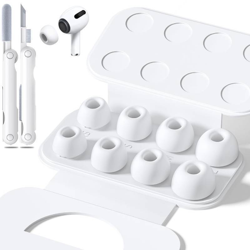 lot 24951 image: 4 Pairs Replacement Ear Tips for AirPods Pro 2nd1st Generation with Portable Storage Box & Cleaner Pen, Noise Reduction Hole with & Built-in dust Guard Screen, Silicone Ear Tips for AirPods Pro (White) - Retail $8