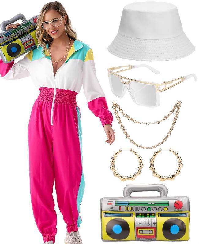lot 24977 image: Women Hoodies Jumpsuit Set, 80s 90s Neon Costume Tracksuit Outfit One Piece Windbreaker Jacket Rapper Suit(Pink-C-S) - Retail $44