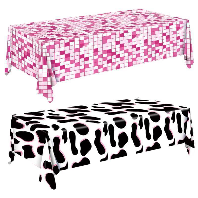 lot 25015 image: 2Pcs Cow Print Tablecloth, Cowgirl Birthday Party Decorations, Waterproof Plastic Disco Table Cloth for Disco Pink Cowgirl Decorations Supplies 54X108inch - Retail $8