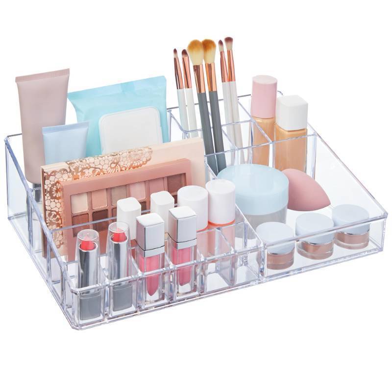 lot 25028 image: Audrey Clear Vanity Makeup Organizer  15-Compartment Holder for Brushes, Eyeshadow Palettes, & Beauty Supplies  Stacks on Audrey Storage Drawers  Made in USA - Retail $19