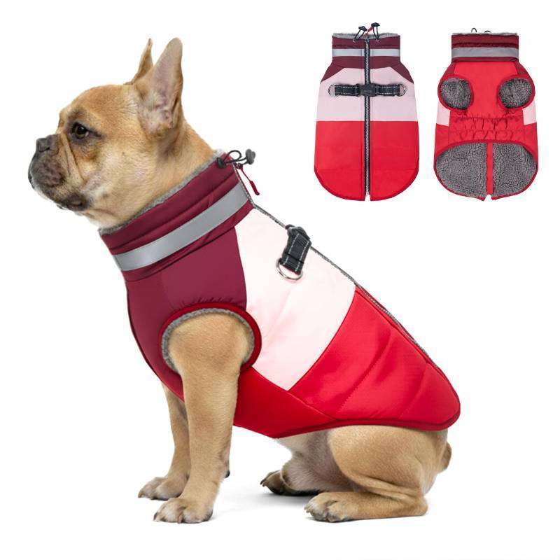 lot 25038 image: Dog Jacket for Small Dogs Waterproof Dog Coat with Reflective Strips and Harness Built in Warm Fleece Dogs Winter Coat Windproof with Back Zipper, Red L - Retail $27
