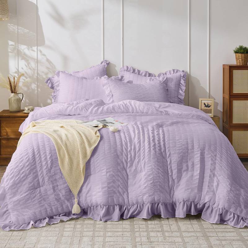 lot 25081 image: Lavender Twin Size Comforter Set, 2 Pieces Seersucker Lightweight Fluffy Bedding Set, Twin Ruffle Comforter, All Season Soft Microfiber Shabby Chic Bed Set - Retail $47