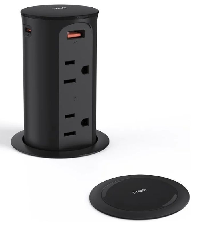 lot 25088 image: Pop Up Power Outlet for Countertops & Desks,2.5-Inch Hole Flush, Mount, 20W USB-C, 4 USB Ports, 4 Tamper-Resistant 15A Outlets - Space-Saving Recessed