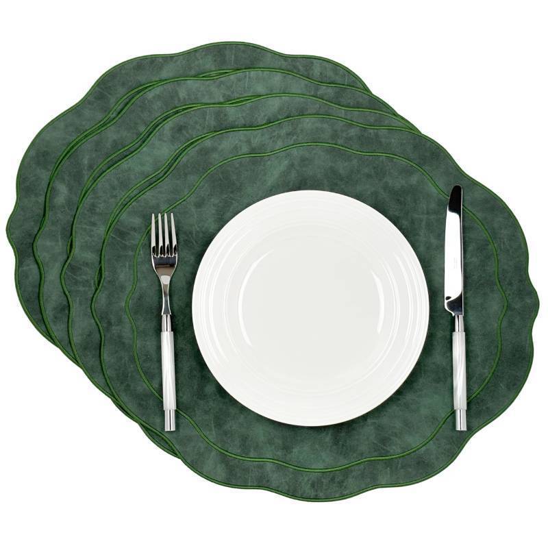 lot 25118 image: Embroidered Scalloped Faux Leather Placemats Set of 4 - Wipeable Luxury Dinner Table Mats for Dining & Kitchen Decor, Christmas, 17.25 x 15, Green - Retail $50