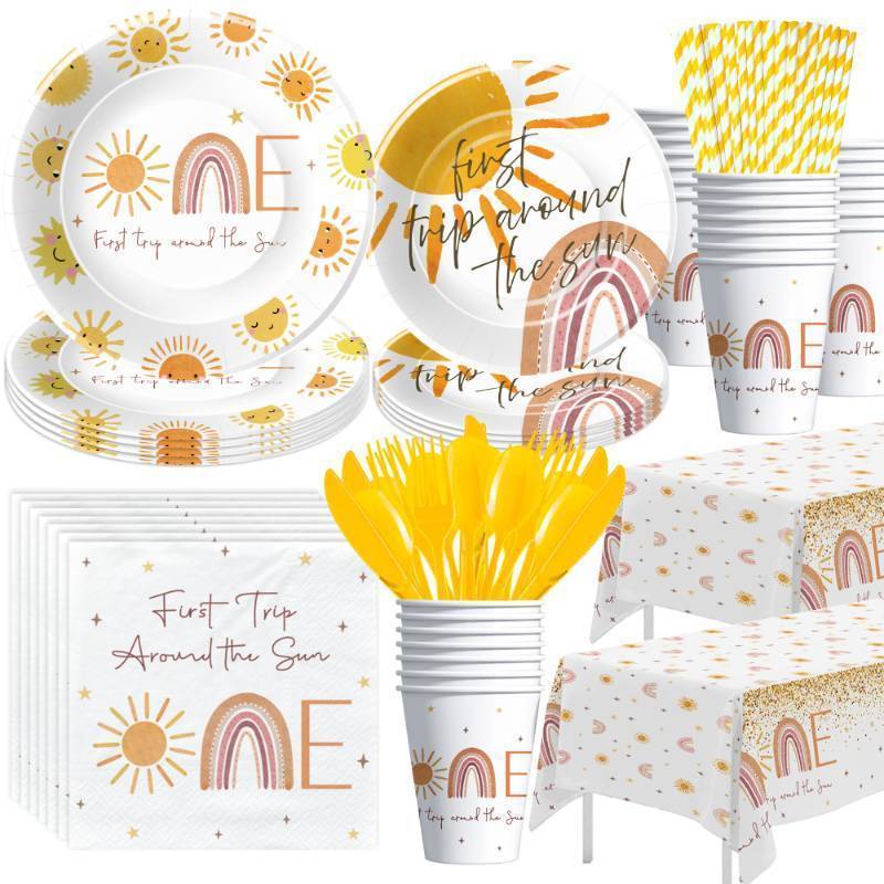 lot 72220 image: First Trip Around The Sun Birthday Decorations Tableware - Boho Sunshine Sun 1st Birthday Party Supplies, Paper Plate, Cup, Napkin, Tablecloth, Disposable Cutlery  Serves 24 - Retail $22