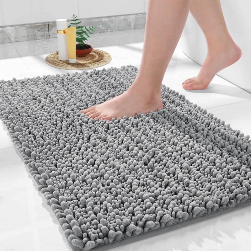 lot 71759 image: Bathroom Rugs Non Slip Washable - Ultra Soft Absorbent Chenille Bath Mat, Quick Dry Shaggy Floor Carpet for Tub Shower, Gray Home Decor Accessories, 24x17 Inch - Retail $8