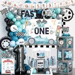 Fast One Birthday Decorations for Boys, 1st Birthday Decorations Boy, Vintage Car Themed Backdrop Balloon Banner Boxes Crown Poster for Retro Blue First Party Supplies - Retail: $30