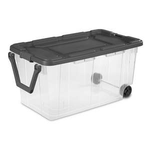 lot 4795 image: Sterilite Extra Large Storage Bin 160 Quart Wheeled Clear Plastic Storage Container with Handle Gray 2 Pack