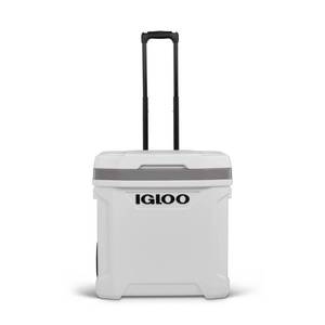 lot 6064 image: Igloo Marine Latitude 60qt Rolling Cooler - White Retractable Handle, Cup Holder (Damaged Lid) - Retail $60