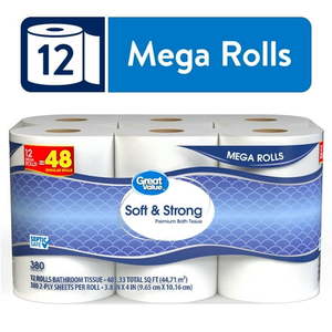 lot 6076 image: Pack of 2, Great Value Soft & Strong Premium Toilet Paper 12 Mega Rolls