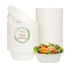 lot 6077 image: Treamon White Paper Bowls, Disposable Compostable Bowls, 12 oz 200 Count