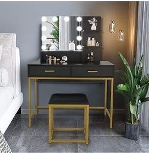 lot 6086 image: Black Vanity Desk with Mirror and Lights (See Details)- Retail $130