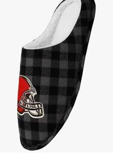 lot 10042 image: FOCO Mens NFL Sherpa Lined Buffalo Check Memory Foam Slippers Size 11-12
