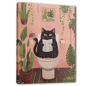 lot 10047 image: 3 Count Black Cat Bathroom Canvas 11x14 Inch Framed