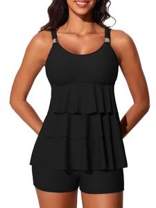 lot 10079 image: Womens Tankini Swimsuits with Shorts Ruffled Tummy Control -Black Size 10